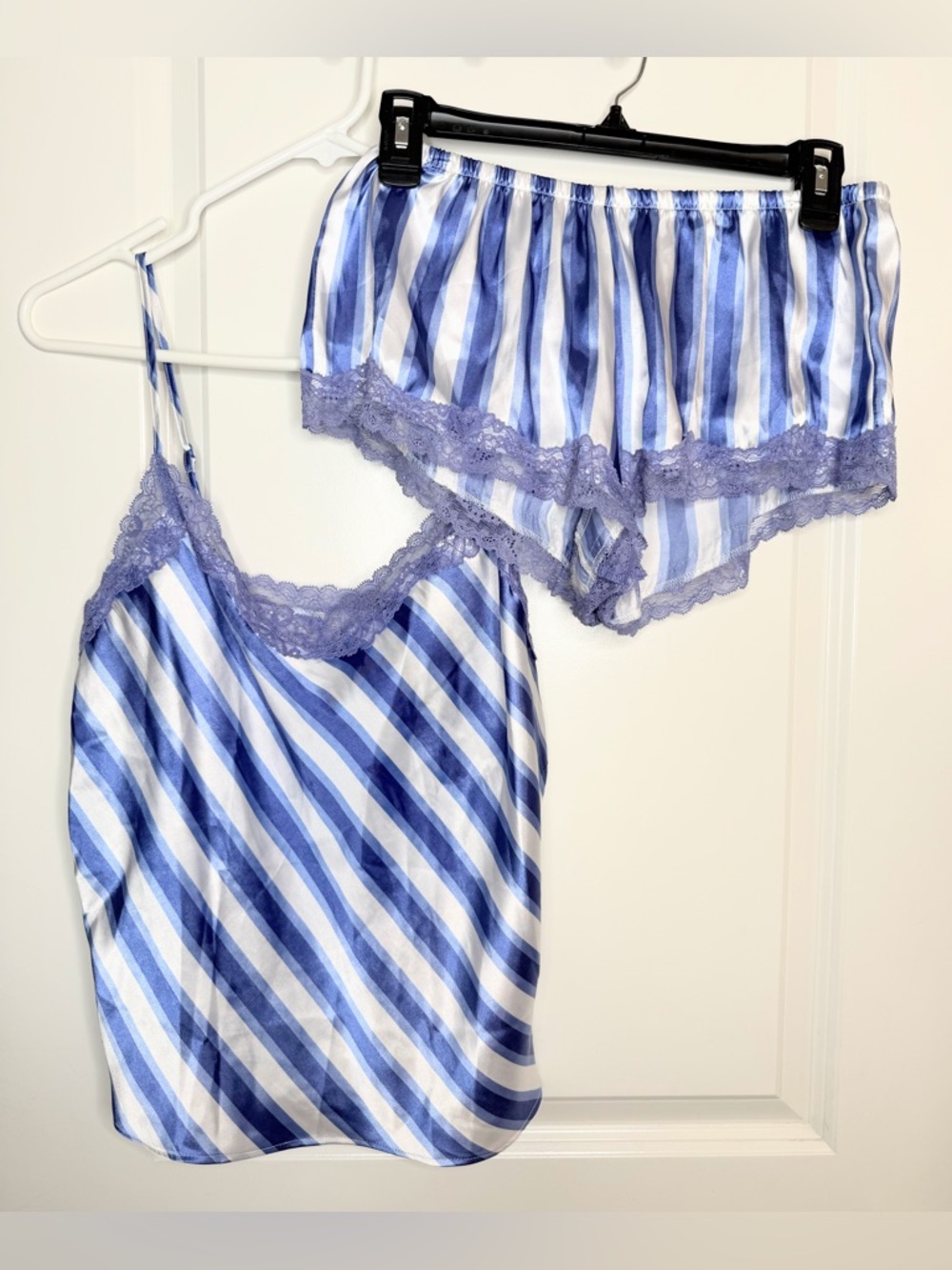 Secret Treasures Satin Pajama Set Blue Stripe Lace Trim Cami Shorts Small